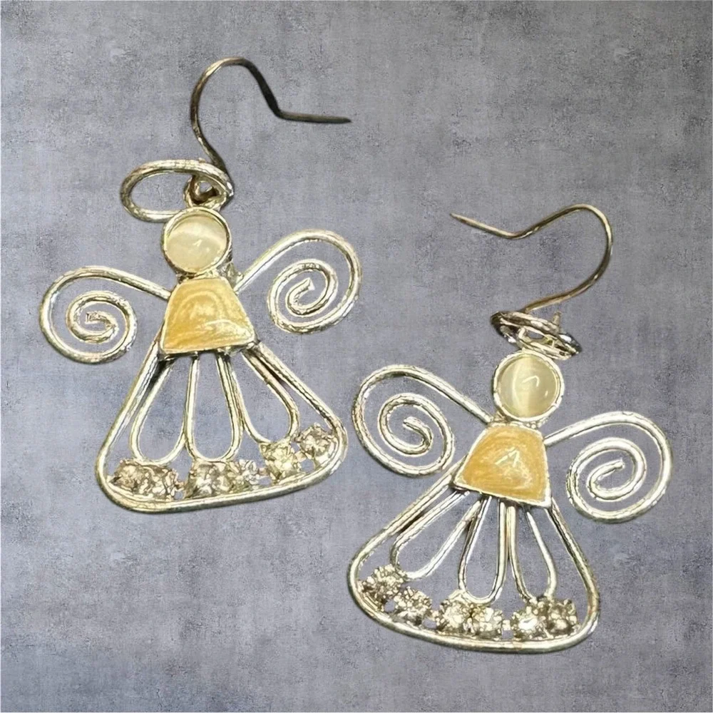 Angel Drop Earrings‎ Womens Silver Tone Yellow Enamle Clear Rhinestone Dangle